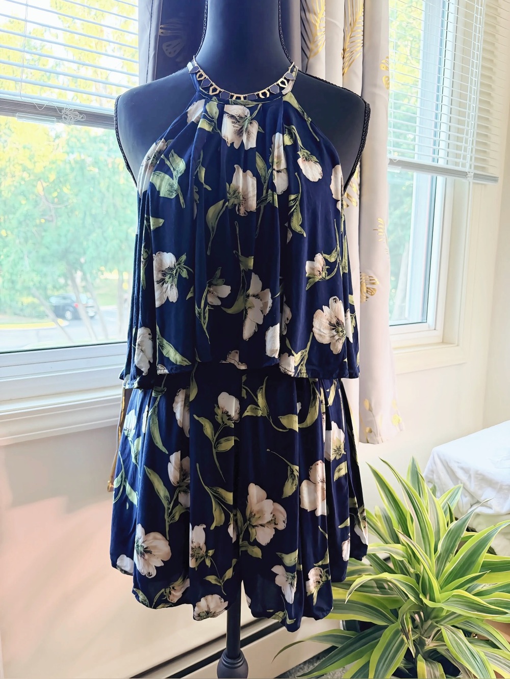Favlux Navy Blue Floral Cotton Cutout Tie-Back Romper Dress - Size Medium